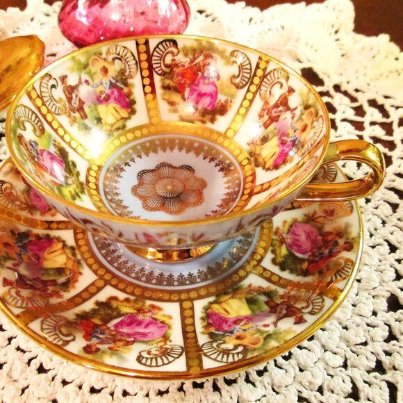 Antique porcelain Fragonard Courtship love scenes teacup & saucer made in German - Picture 10 of 10